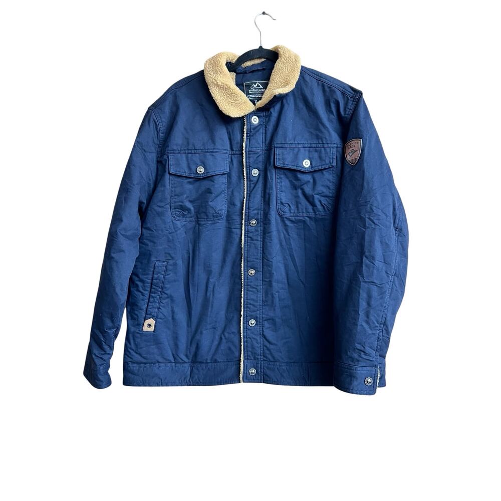 Outdoor Jacket Mens Size XL Navy Blue Sherpa Lined Coat Tan Fleece Button Front